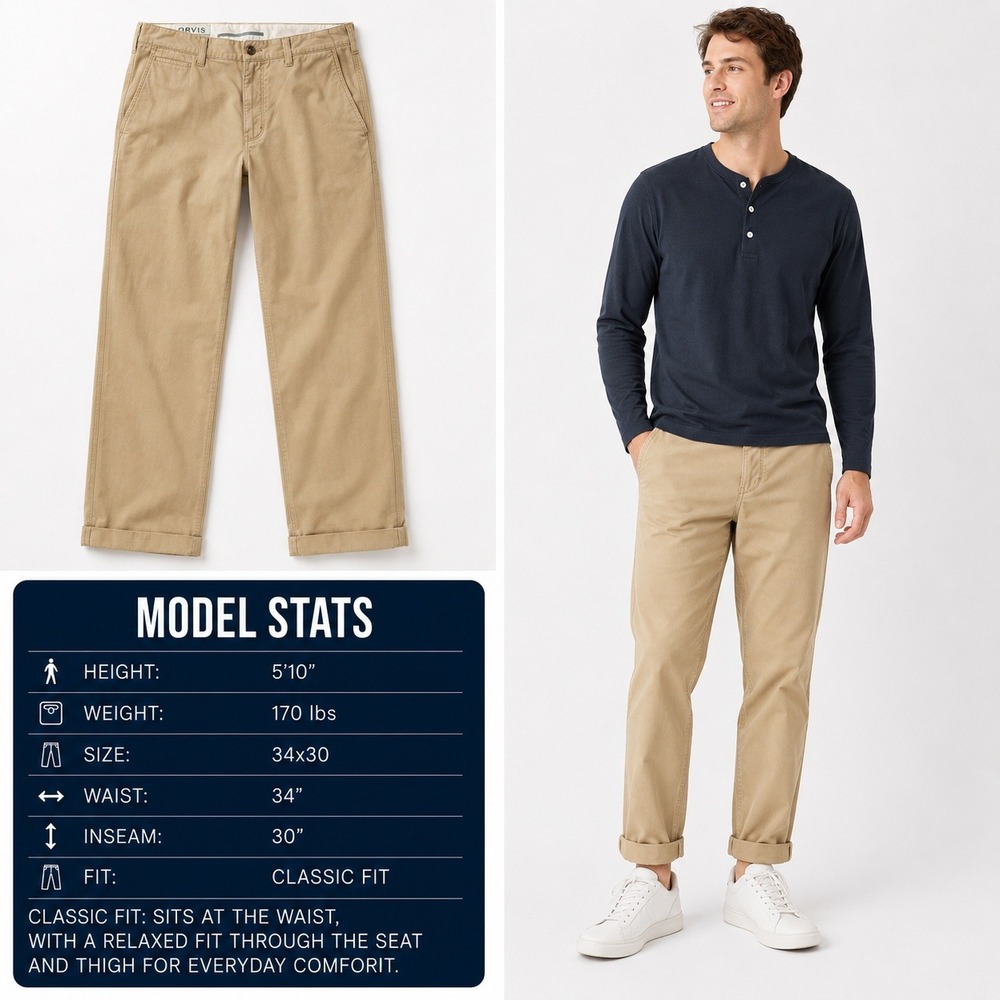 Orvis Mens Classic Fit Chino Pants Khaki Tan 100% Cotton 34x30 Straight Leg